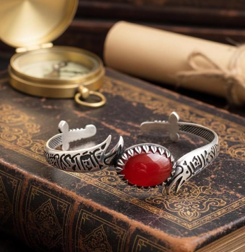 925 Sterling Silver Handmade Red Agate Zulfiqar Sword Cuff Bracelet