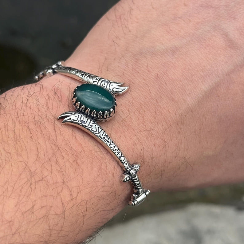 925 Sterling Silver Green Agate Zulfiqar Sword Chain Bracelet