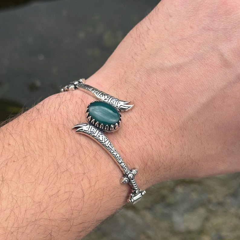 925 Sterling Silver Green Agate Zulfiqar Sword Chain Bracelet