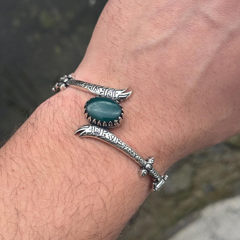 925 Sterling Silver Green Agate Zulfiqar Sword Chain Bracelet