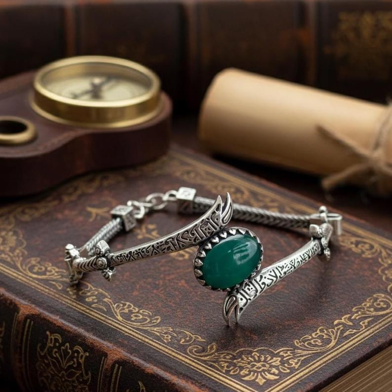 925 Sterling Silver Green Agate Zulfiqar Sword Chain Bracelet