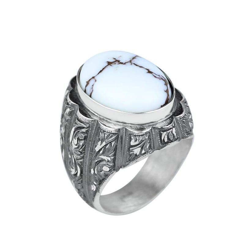 Men Silver Turquoise Signet White Turquoise Engraved Ring