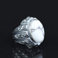 Men Silver Turquoise Signet White Turquoise Engraved Ring