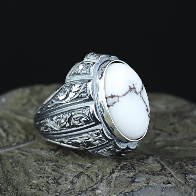 Men Silver Turquoise Signet White Turquoise Engraved Ring
