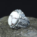 Men Silver Turquoise Signet White Turquoise Engraved Ring