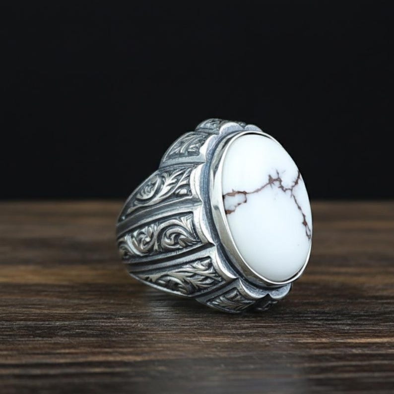 Men Silver Turquoise Signet White Turquoise Engraved Ring