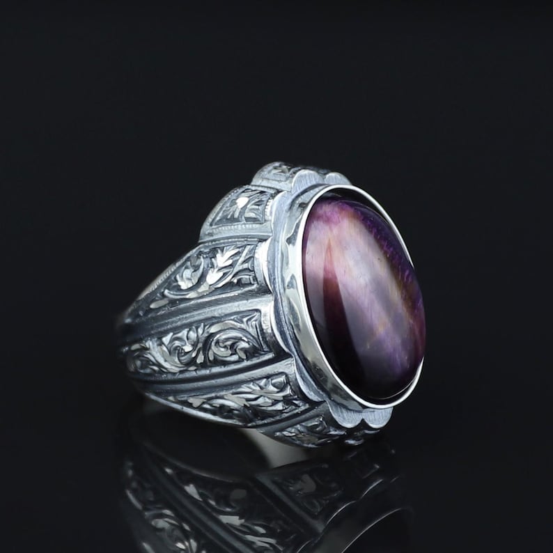 Mens Silver Natural Purple Tiger Eye Turkish Handmade Ring