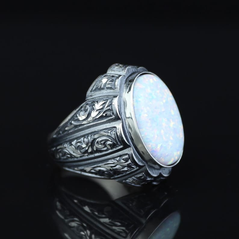 Anillo de plata de ley 925 hecho a mano con gema de ópalo blanco fuego para hombre
