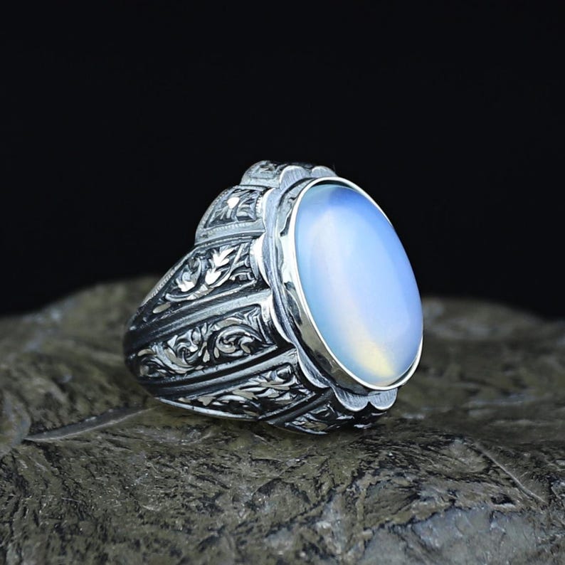 925 Sterling Silver Turkish Men Handmade Moonstone Gemstone Ring