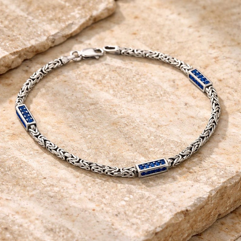 925 Silver Sapphire Stone Byzantine King Chain Bracelet