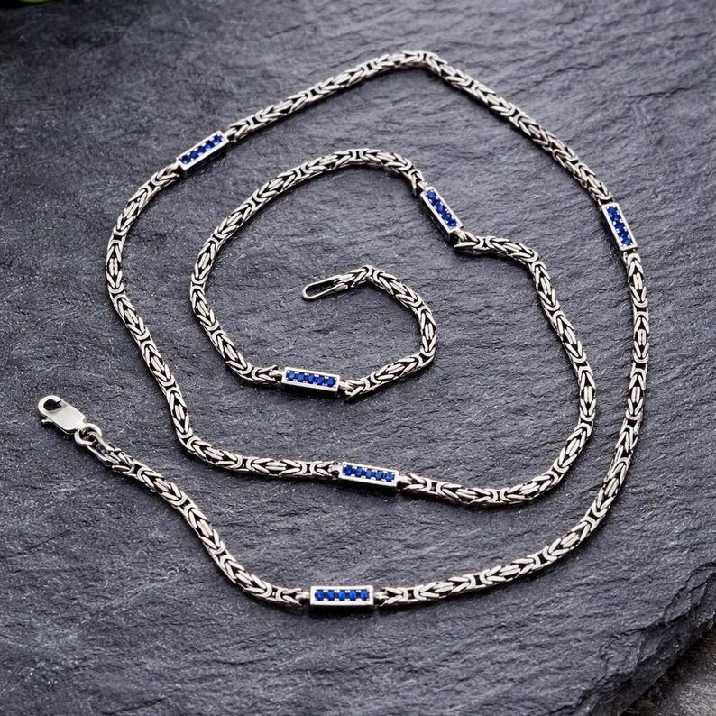 Men Sapphire Gemstone Byzantine King Chain Necklace