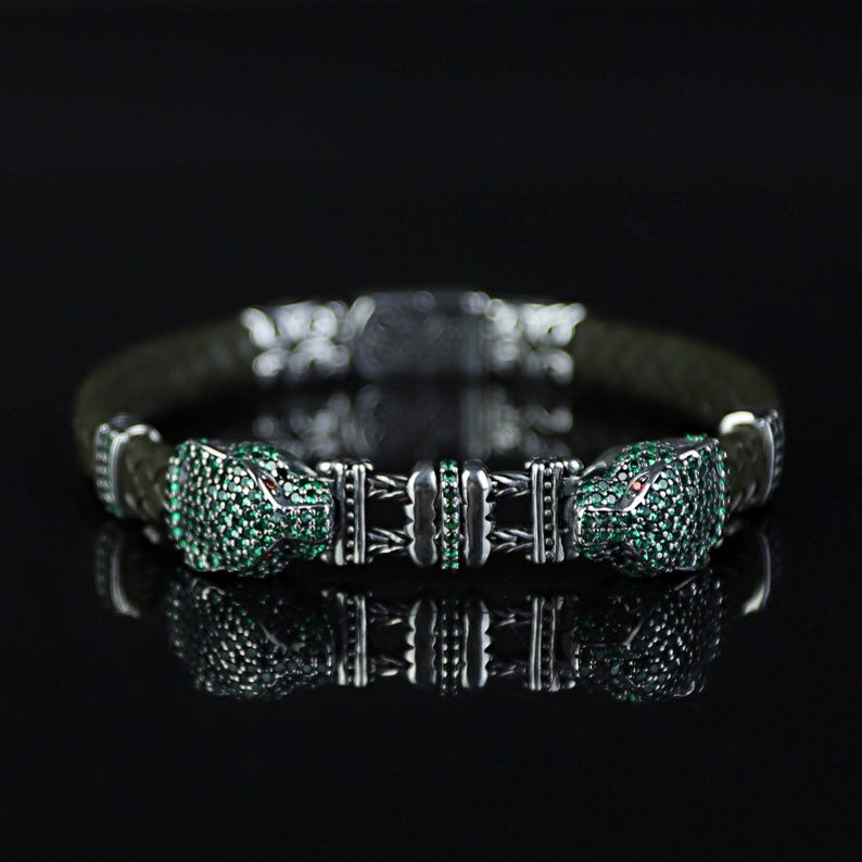 925 Sterling Silver Emerald Gemstone Panther Tiger Head Bracelet