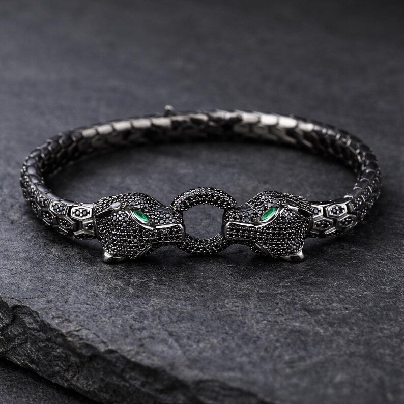 925 Silver Panther Tiger Head Bracelet Emerald Eyes Diamond Men Snake Luxury Bracelet