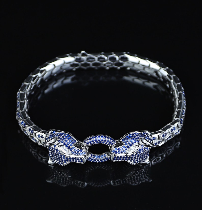 925 Silver Sapphire Gemstone Panther Head Snake Chain Bracelet