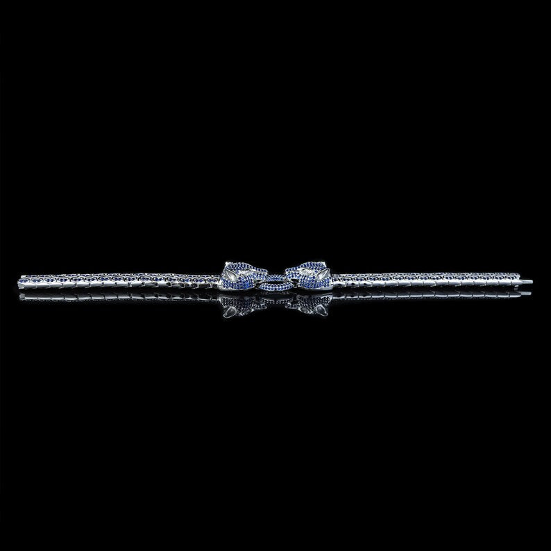 925 Silver Sapphire Gemstone Panther Head Snake Chain Bracelet