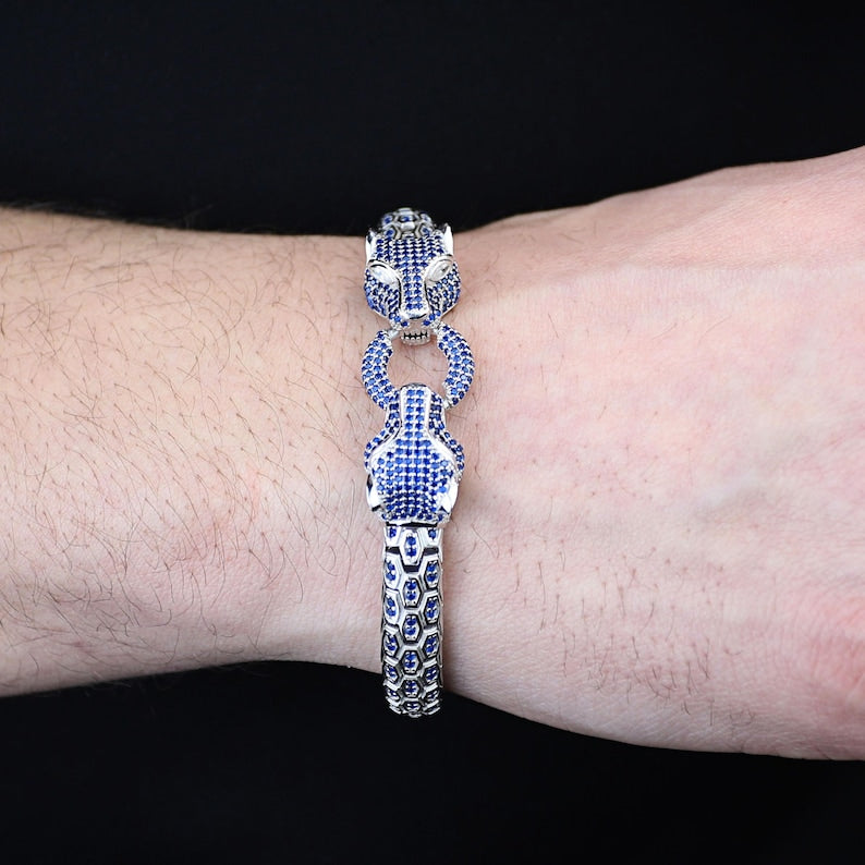 925 Silver Sapphire Gemstone Panther Head Snake Chain Bracelet