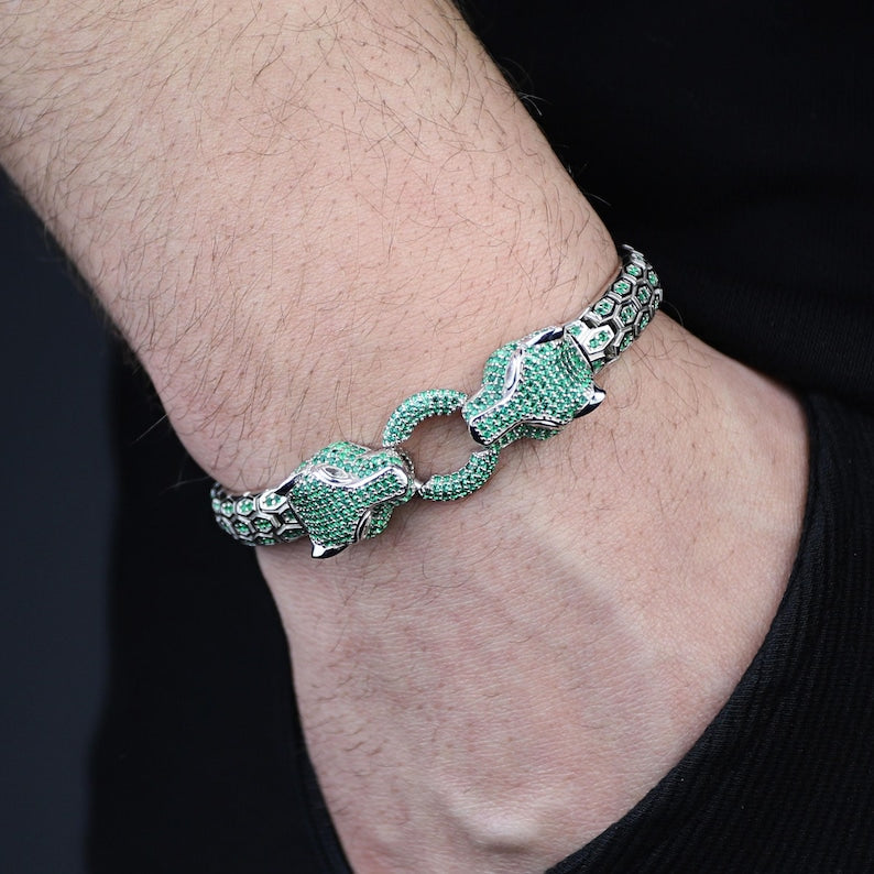 Wildcat Python 925 Sterling Silver Python Emerald Wildcat Panther Bracelet – Mercan Silver