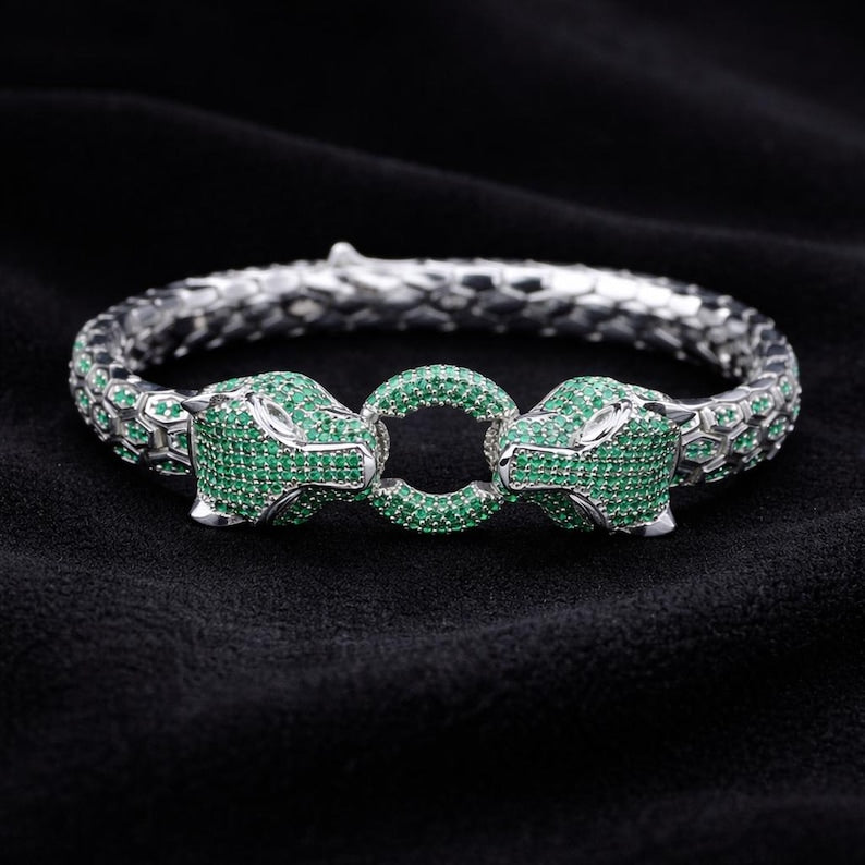 925 Sterling Silver Python Emerald Wildcat Panther Bracelet