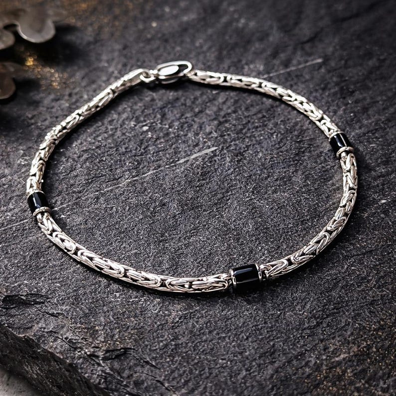 925 Sterling Silver Onyx King Chain Byzantine Bracelet