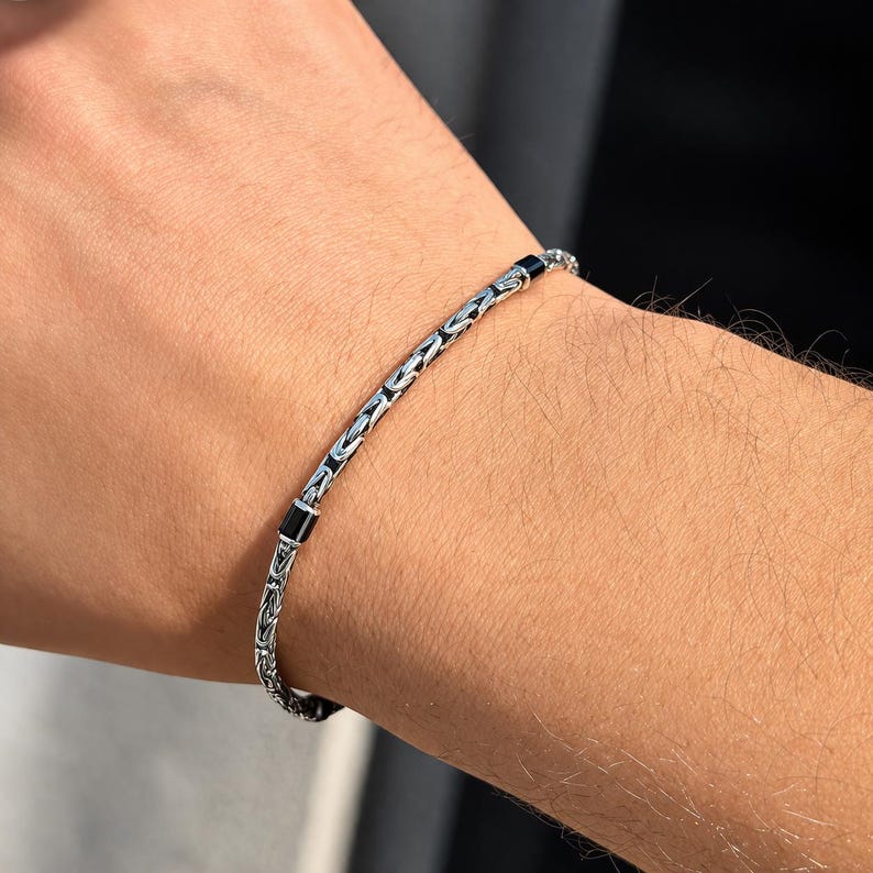 925 Sterling Silver Onyx King Chain Byzantine Bracelet