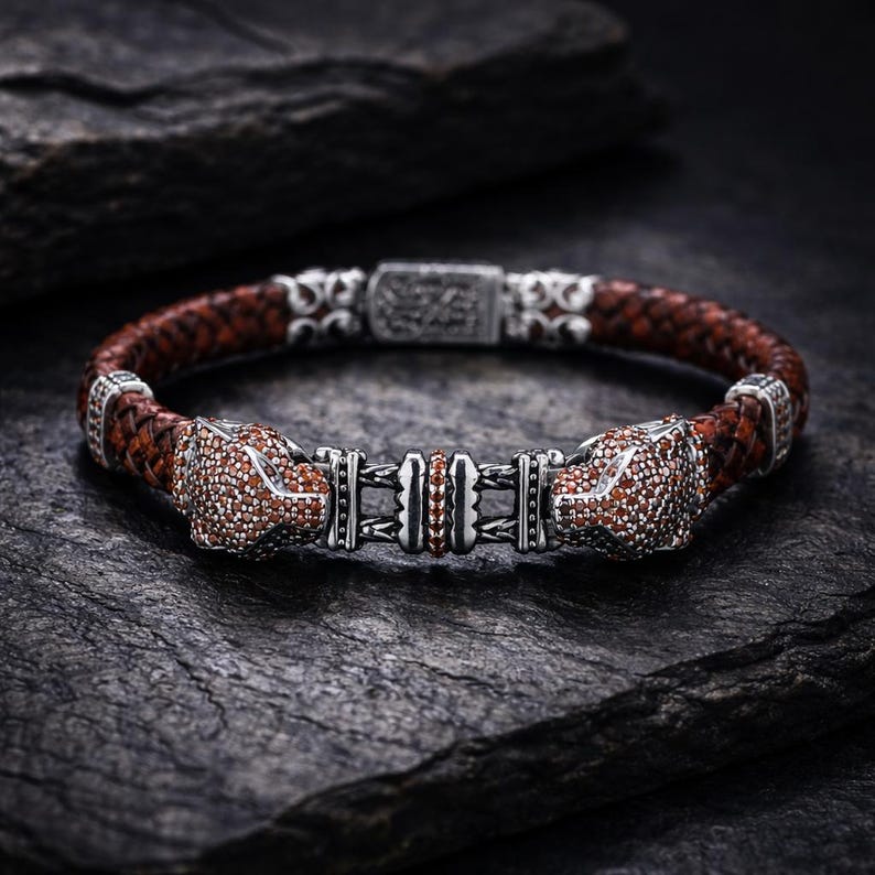 925 Silver Handmade Ruby Gemstone Panther Leather Bracelet