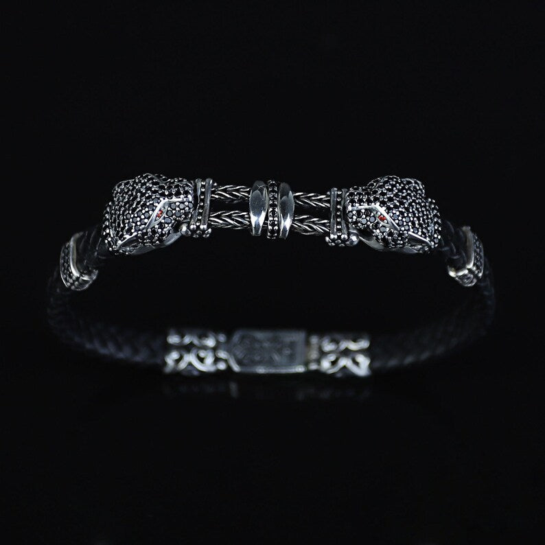 925 Silver Cz Black Diamond Panther Head Leather Bracelet