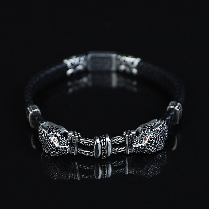 925 Silver Cz Black Diamond Panther Head Leather Bracelet