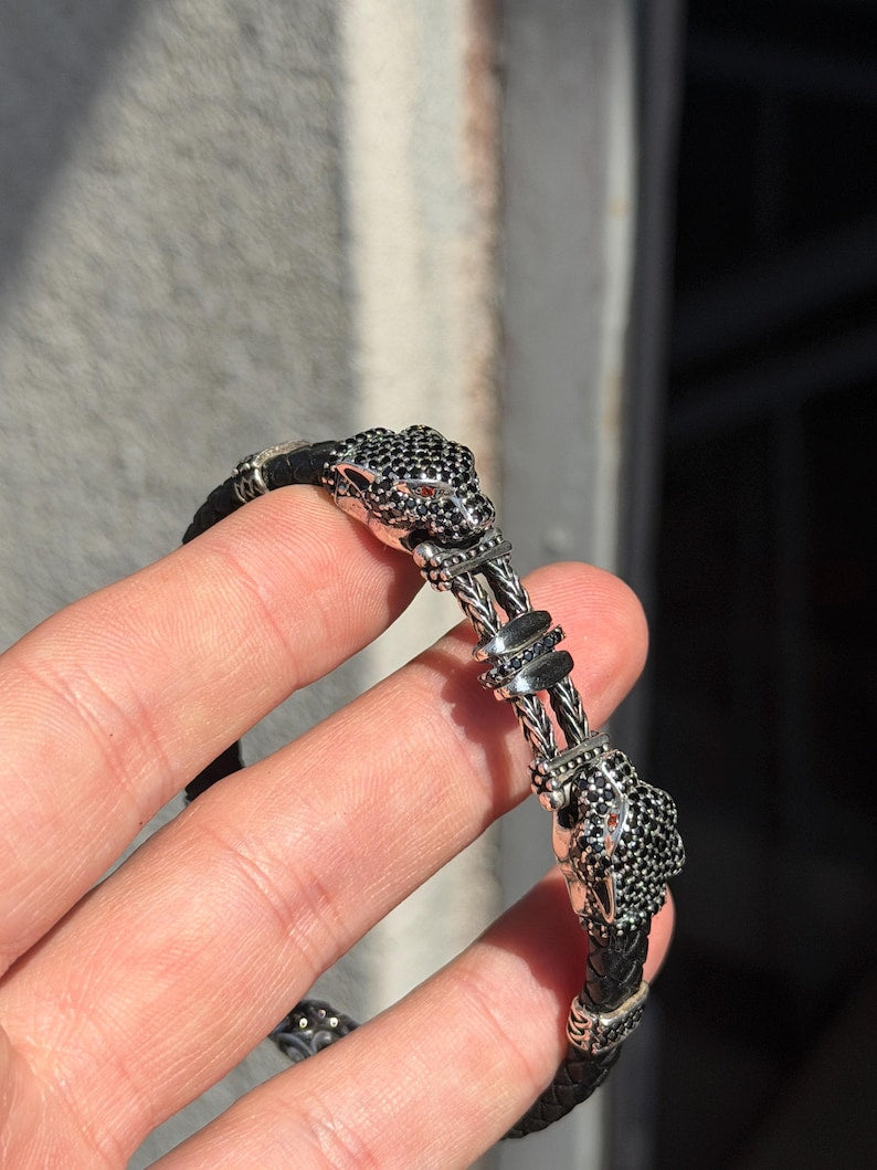 925 Silver Cz Black Diamond Panther Head Leather Bracelet