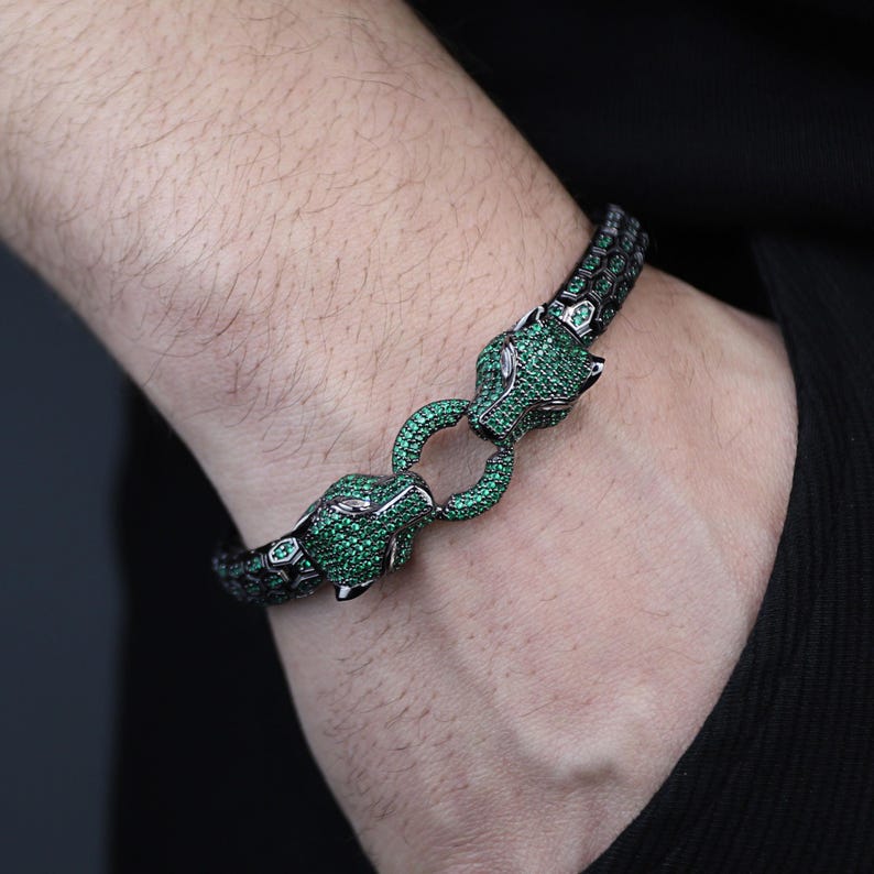 925 Silver Emerald Stone Panther Tiger Snake Panther Bracelet