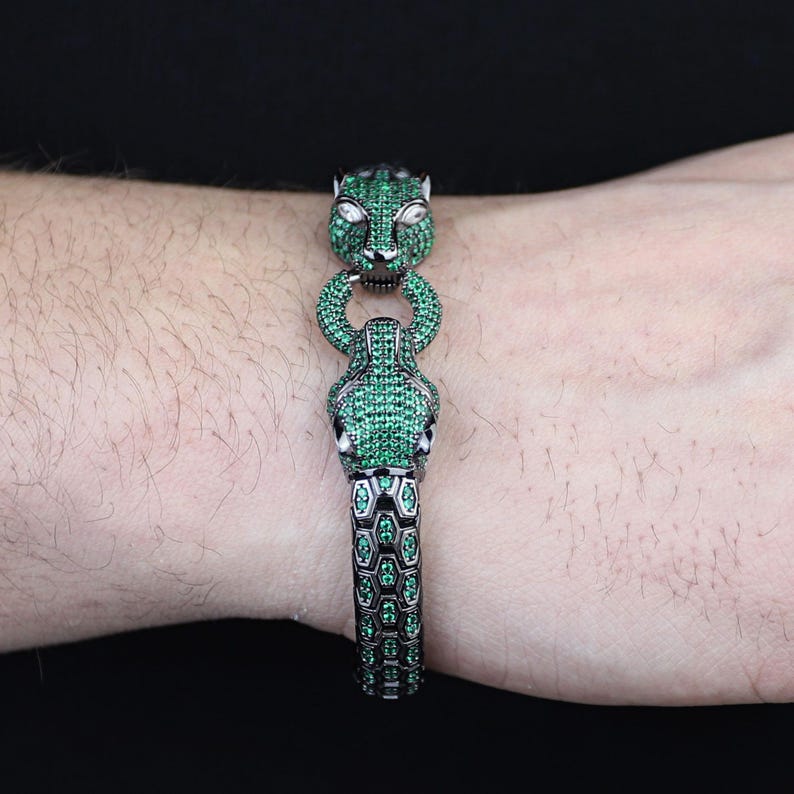 925 Silver Emerald Stone Panther Tiger Snake Panther Bracelet