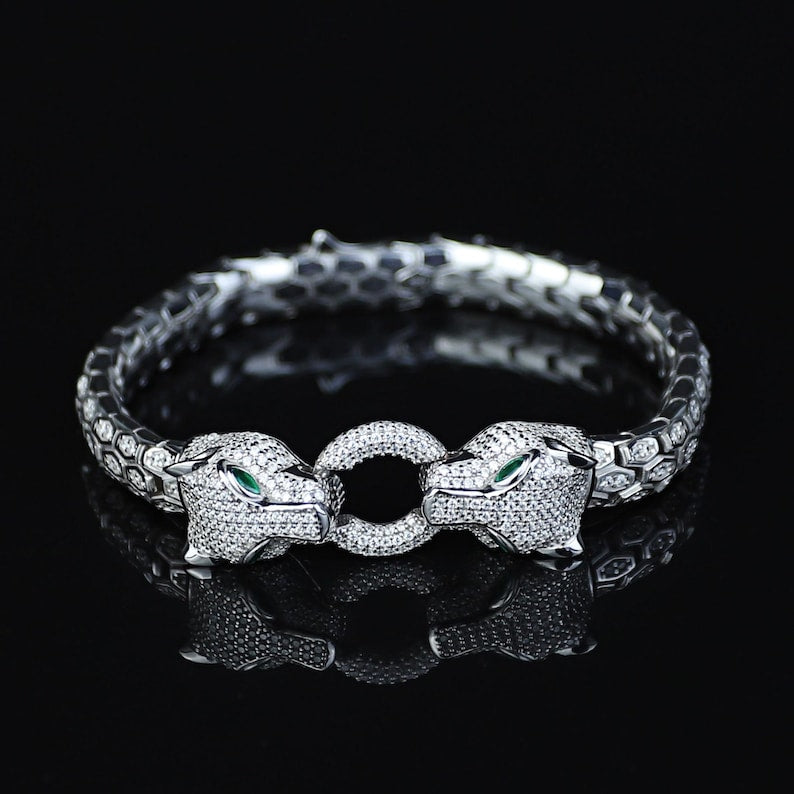 925 Silver Double Panther Head Bracelet Iced Out Snake Panther Bracelet