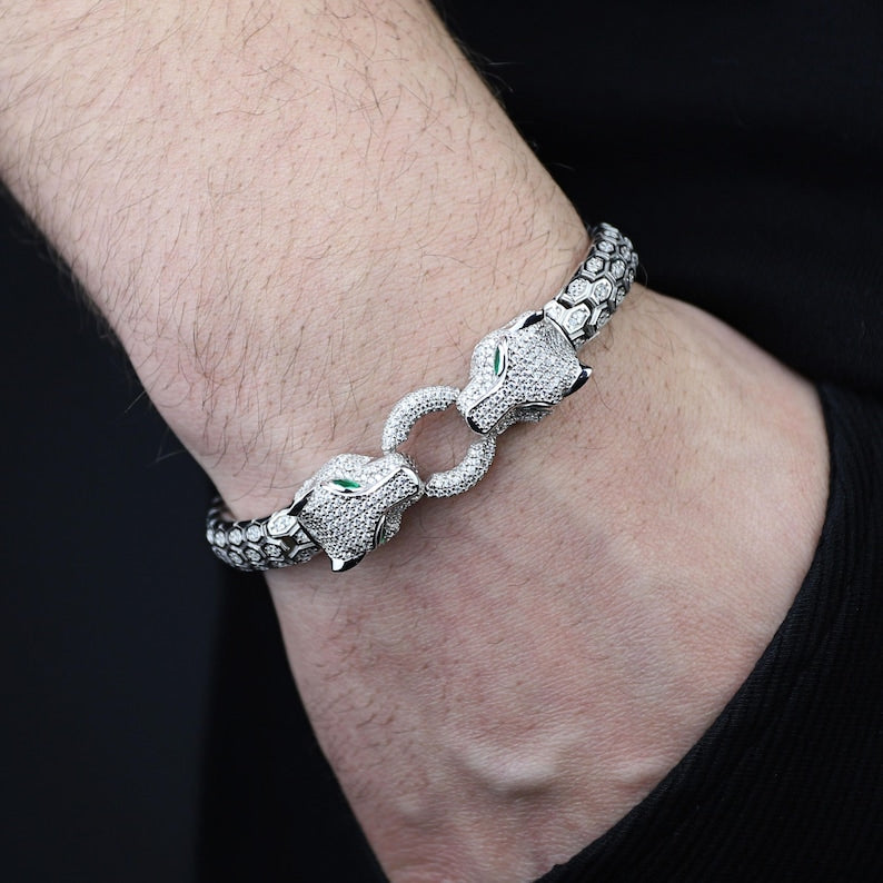 925 Silver Double Panther Head Bracelet Iced Out Snake Panther Bracelet