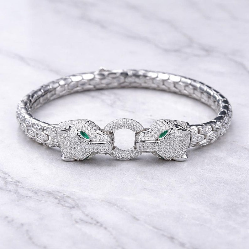 925 Silver Double Panther Head Bracelet Iced Out Snake Panther Bracelet