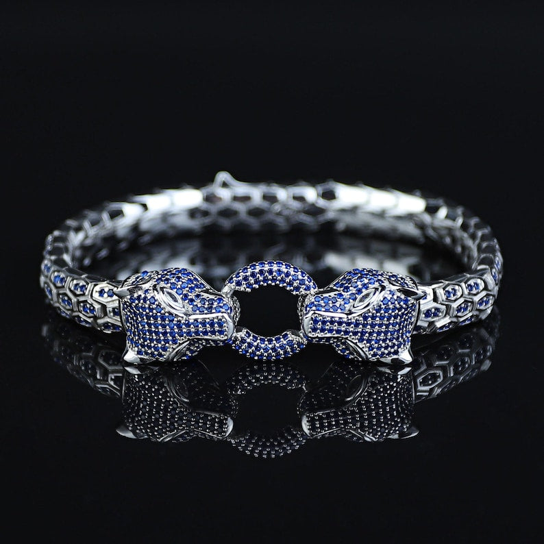 925 Silver Sapphire Gemstone Panther Head Snake Chain Bracelet
