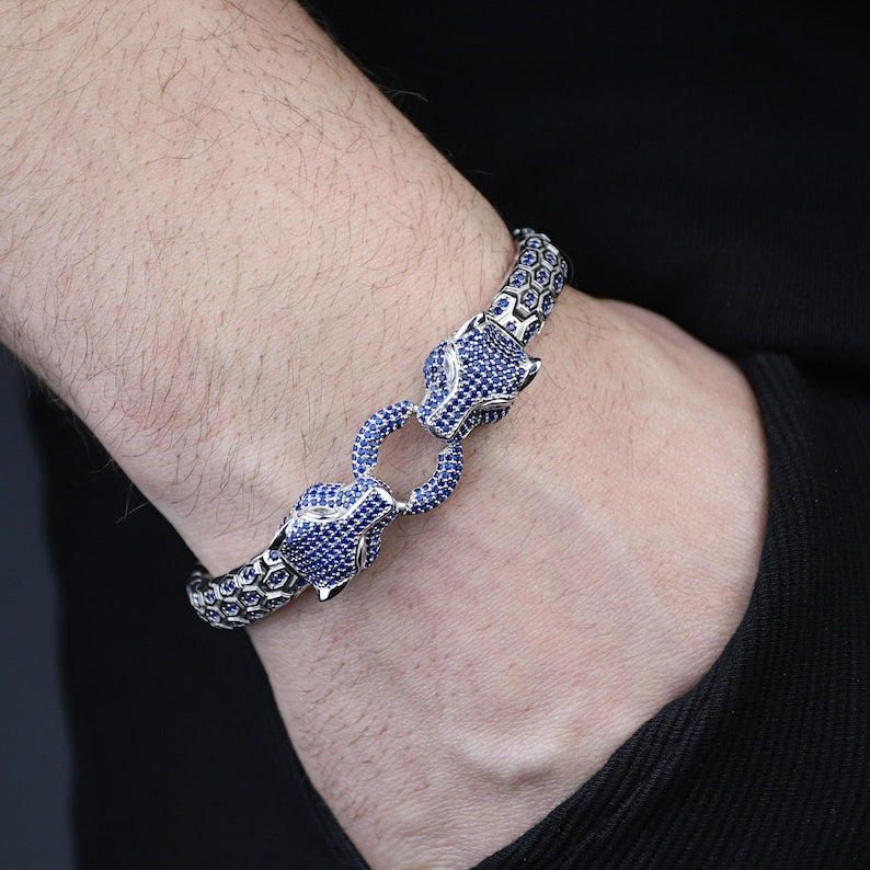 925 Silver Sapphire Gemstone Panther Head Snake Chain Bracelet