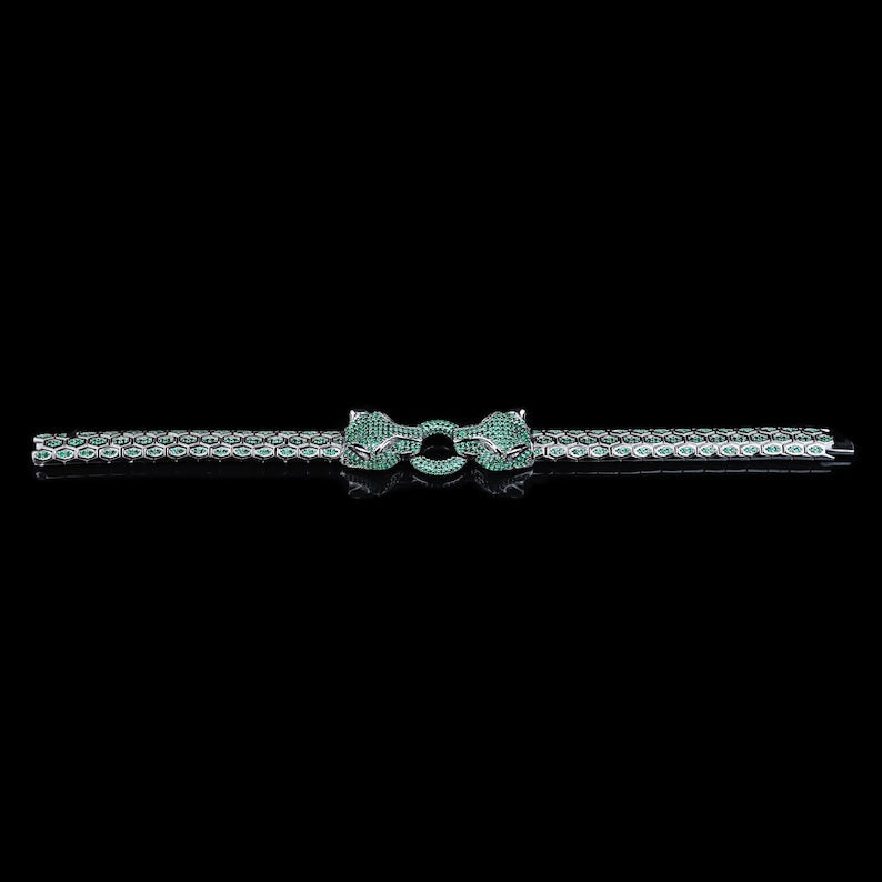 925 Sterling Silver Python Emerald Wildcat Panther Bracelet