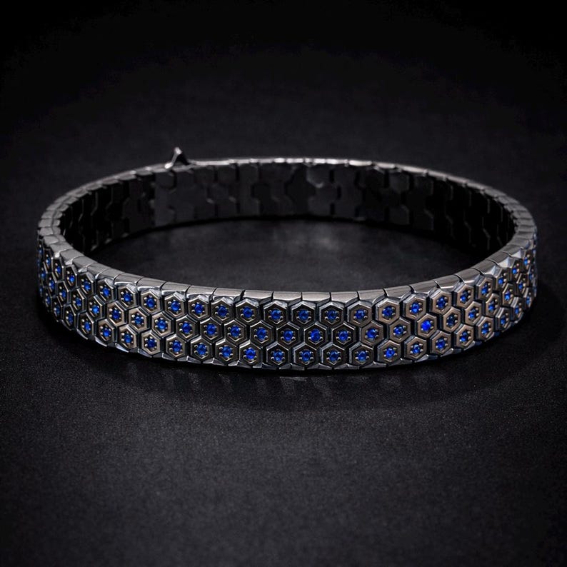 925 Sterling Silver Black Rhodium Sapphire Snake Chain Bracelet