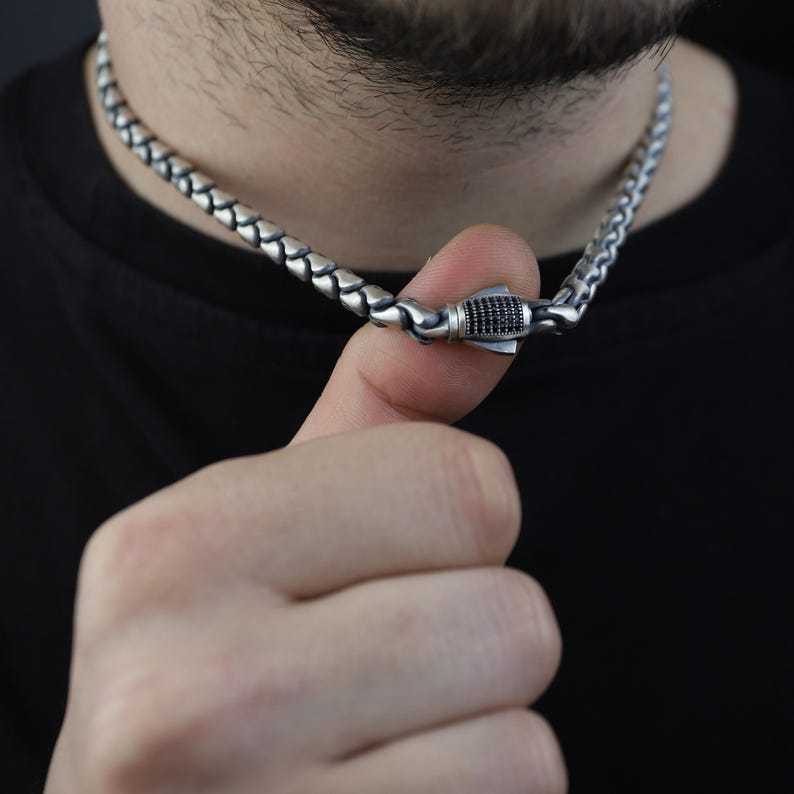 Men 925 Silver Snake Black Onyx Stone 6mm Men Chain Necklace