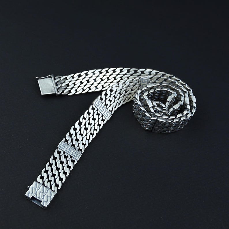 925 Sterling Silver 16mm Curb Solid Greek Key Chain Necklace