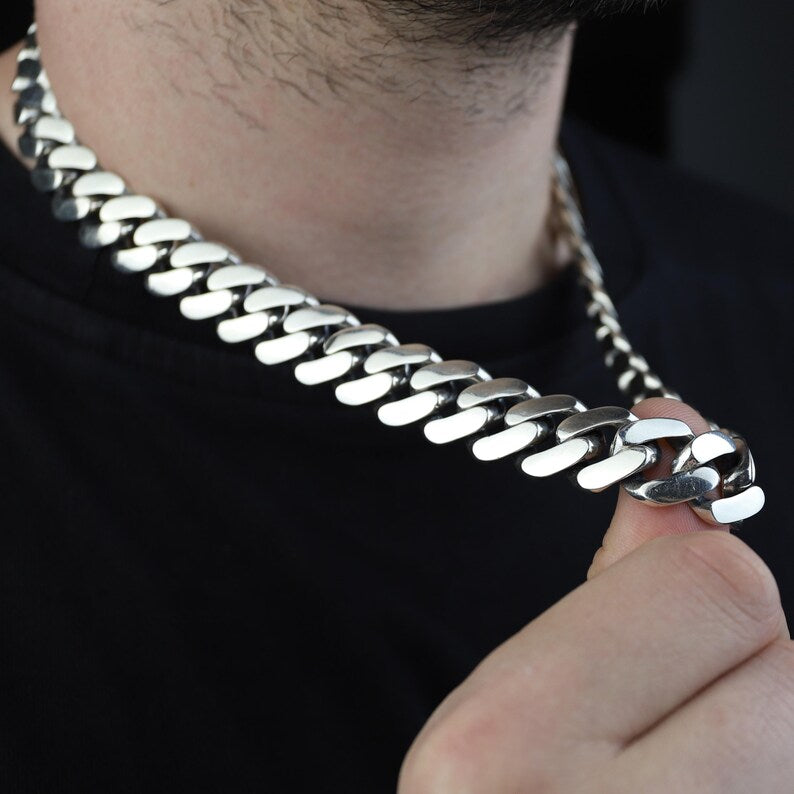925 Solid Silver 16MM Men Cuban Solid Thick Heavy Chain Necklace