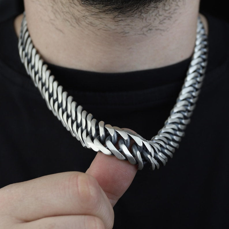 925 Silver Solid Heavy 17MM Curb Chain Oxidized Necklace