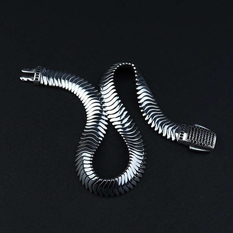 925 Sterling Silver Onyx Gemstone Chain Snake Bracelet