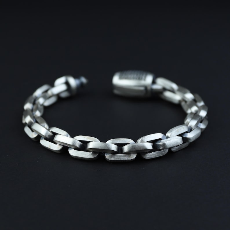 Sterling Silver Cable Solid Silver Onyx Stone Chain Bracelet