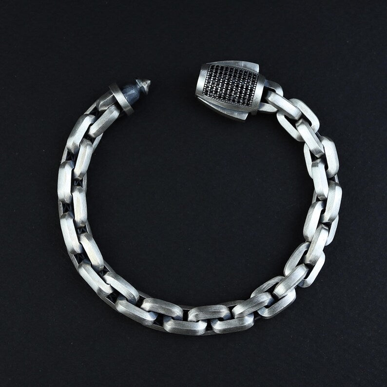 Sterling Silver Cable Solid Silver Onyx Stone Chain Bracelet