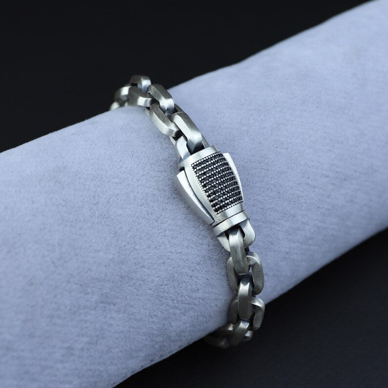 Sterling Silver Cable Solid Silver Onyx Stone Chain Bracelet