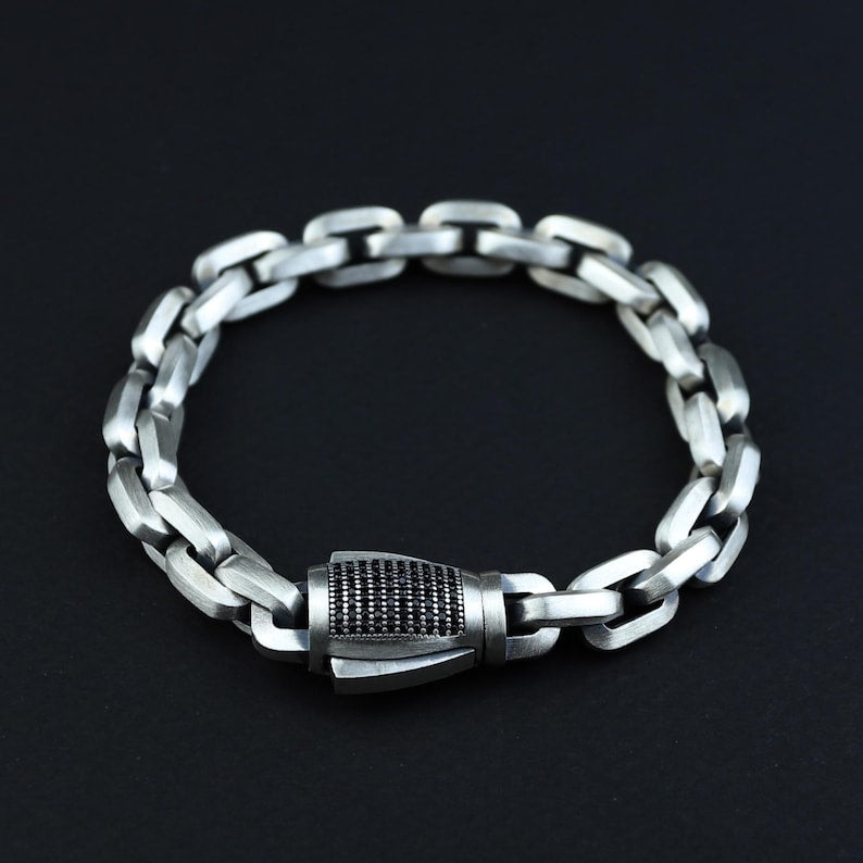 Sterling Silver Cable Solid Silver Onyx Stone Chain Bracelet