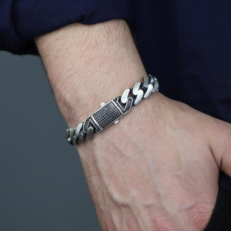 925 Silver Black Onyx Curb Chain 10MM Chain Link Bracelet