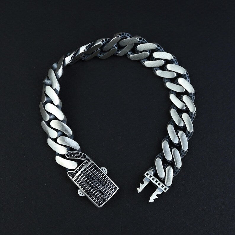 925 Silver Black Onyx Curb Chain 10MM Chain Link Bracelet