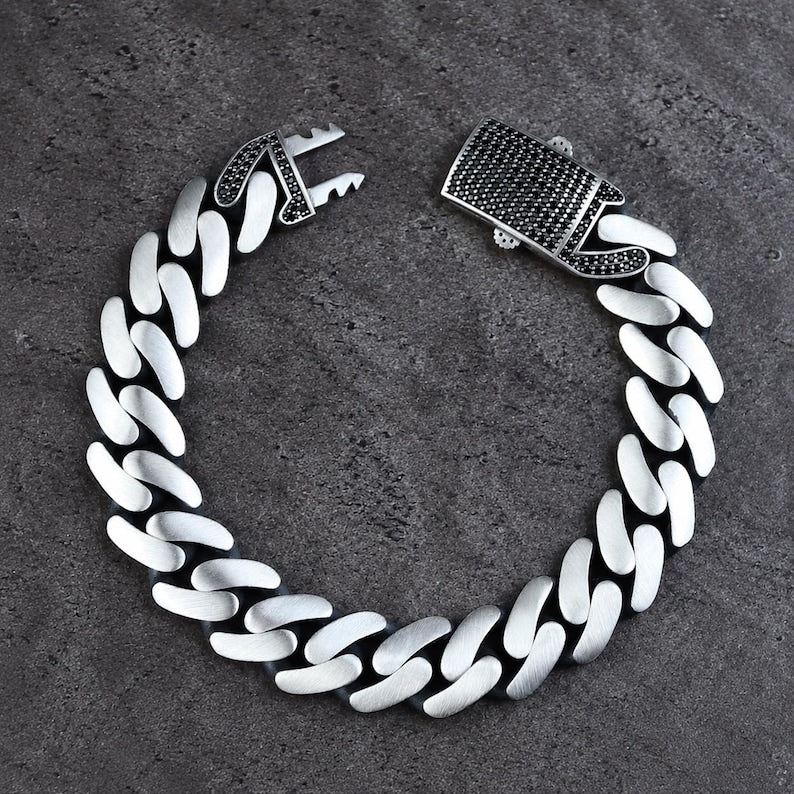 925 Silver Black Onyx Curb Chain 10MM Chain Link Bracelet
