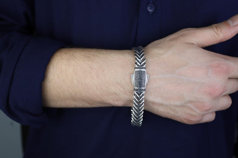 925 Sterling Silver 10MM Chain Black Diamond Men Chain Bracelet